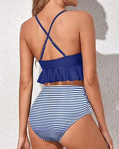 Adjustable Criss Cross Ruffle High Waisted Bikini Ruched-Blue White Striped