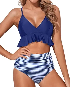 Adjustable Criss Cross Ruffle High Waisted Bikini Ruched-Blue White Striped