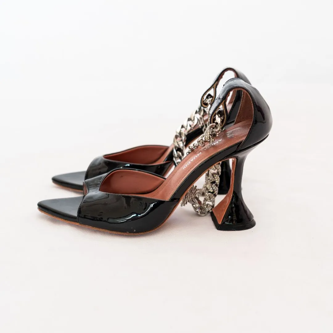 Amina Muaddi Black Patent Pointed Toe Pumps with Crystal Chain Ankle Detail  36