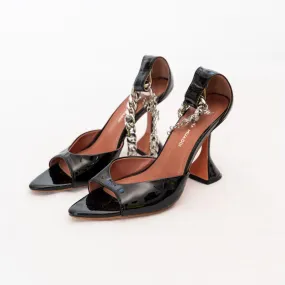 Amina Muaddi Black Patent Pointed Toe Pumps with Crystal Chain Ankle Detail  36