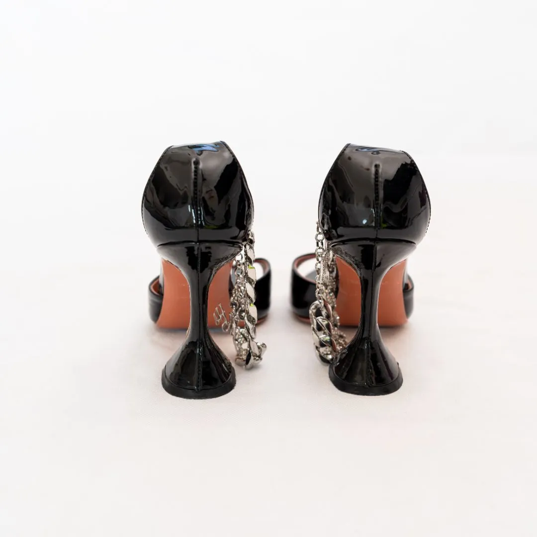 Amina Muaddi Black Patent Pointed Toe Pumps with Crystal Chain Ankle Detail  36