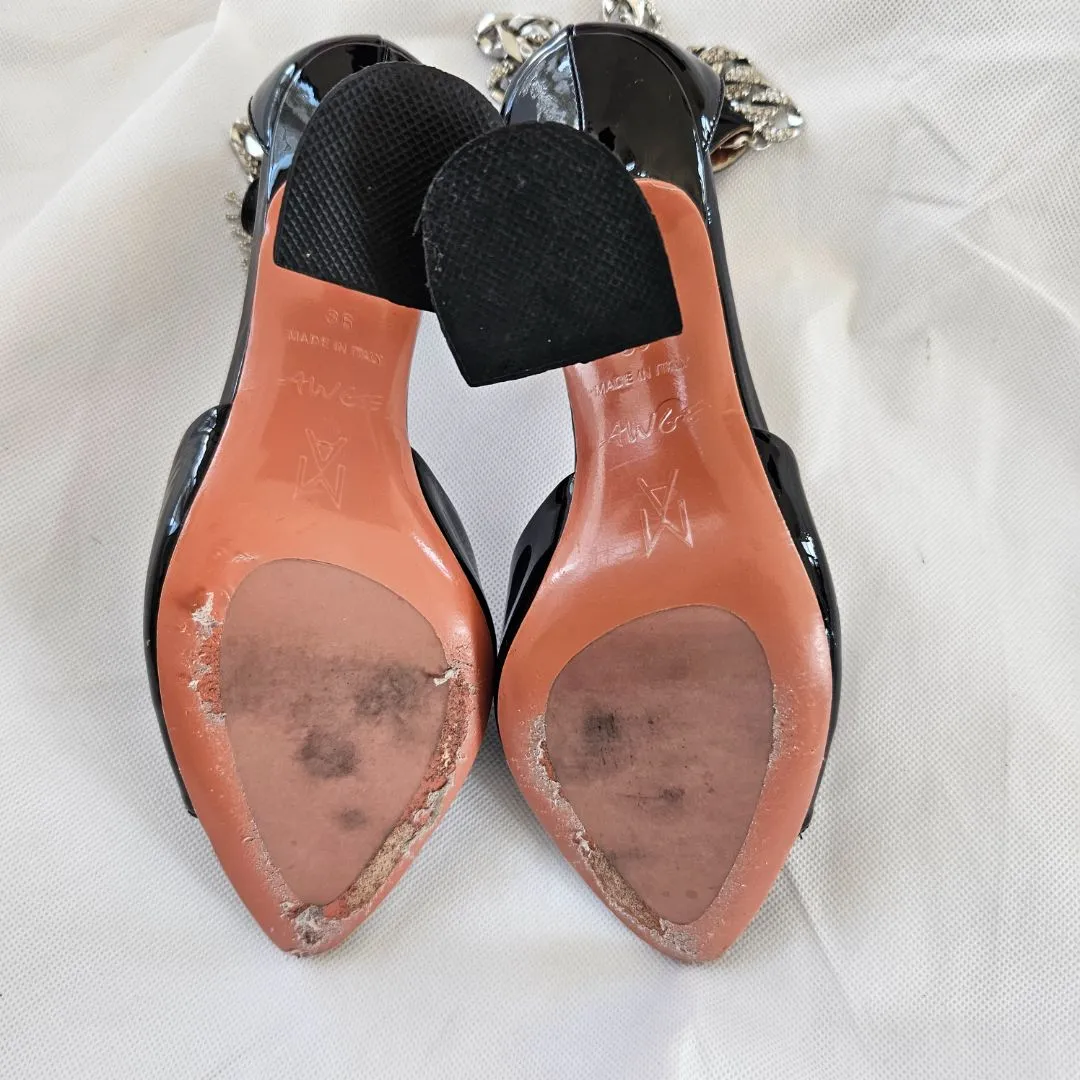 Amina Muaddi Black Patent Pointed Toe Pumps with Crystal Chain Ankle Detail  36