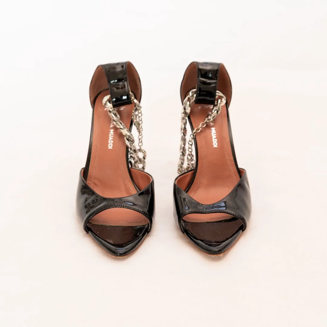 Amina Muaddi Black Patent Pointed Toe Pumps with Crystal Chain Ankle Detail  36