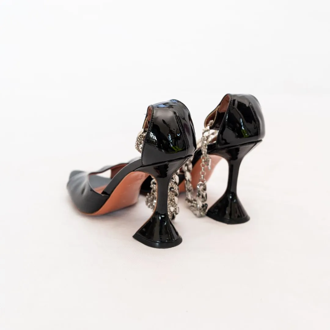 Amina Muaddi Black Patent Pointed Toe Pumps with Crystal Chain Ankle Detail  36