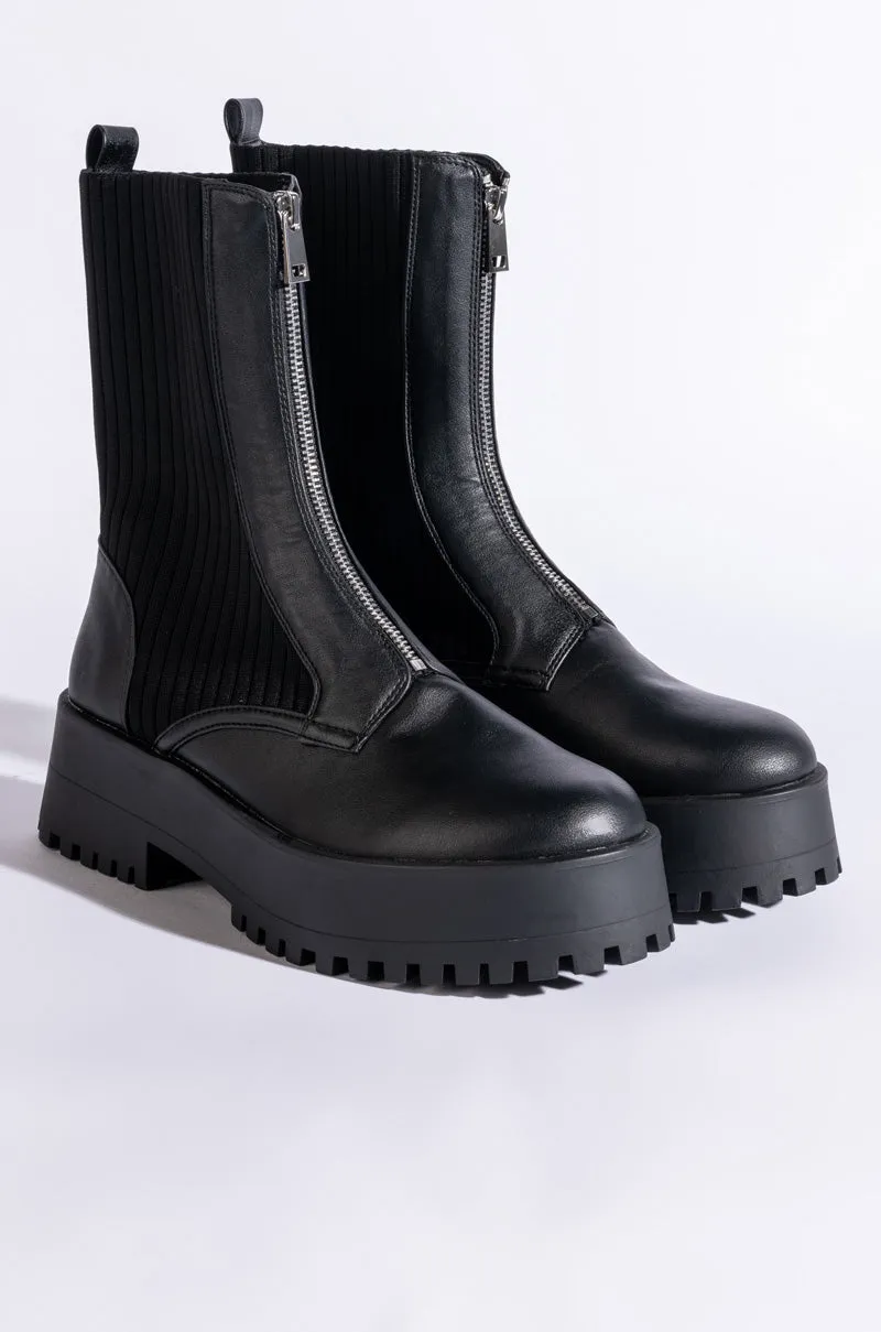 AZALEA WANG KENNEDY KNIT FRONT ZIP FLATFORM BOOTIE IN BLACK