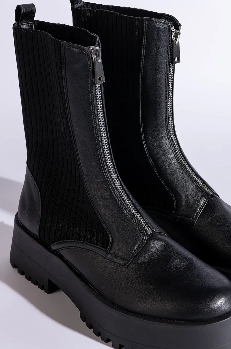 AZALEA WANG KENNEDY KNIT FRONT ZIP FLATFORM BOOTIE IN BLACK