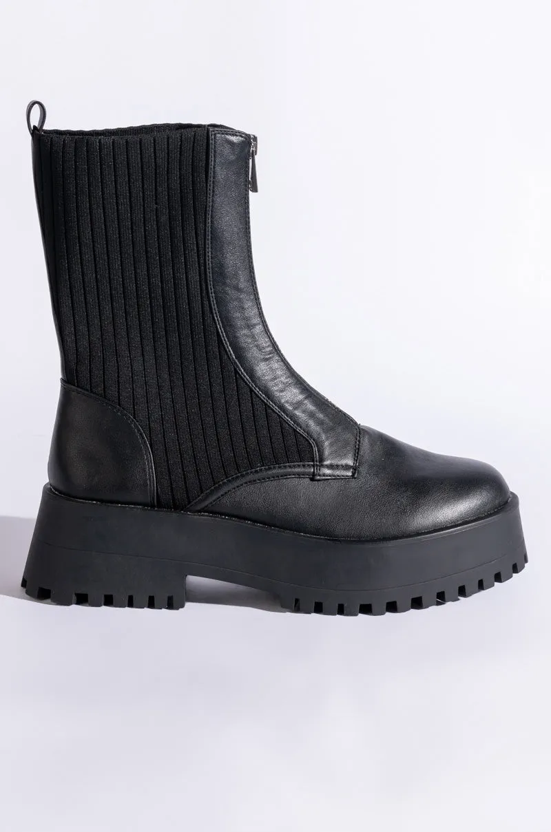 AZALEA WANG KENNEDY KNIT FRONT ZIP FLATFORM BOOTIE IN BLACK
