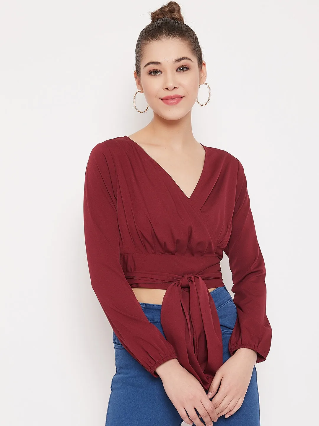 Berrylush Women Solid Maroon V-Neck Wrap Crop Top