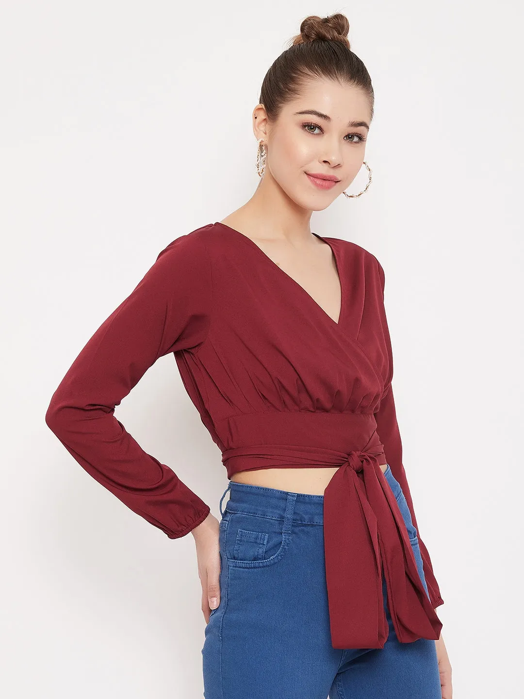 Berrylush Women Solid Maroon V-Neck Wrap Crop Top