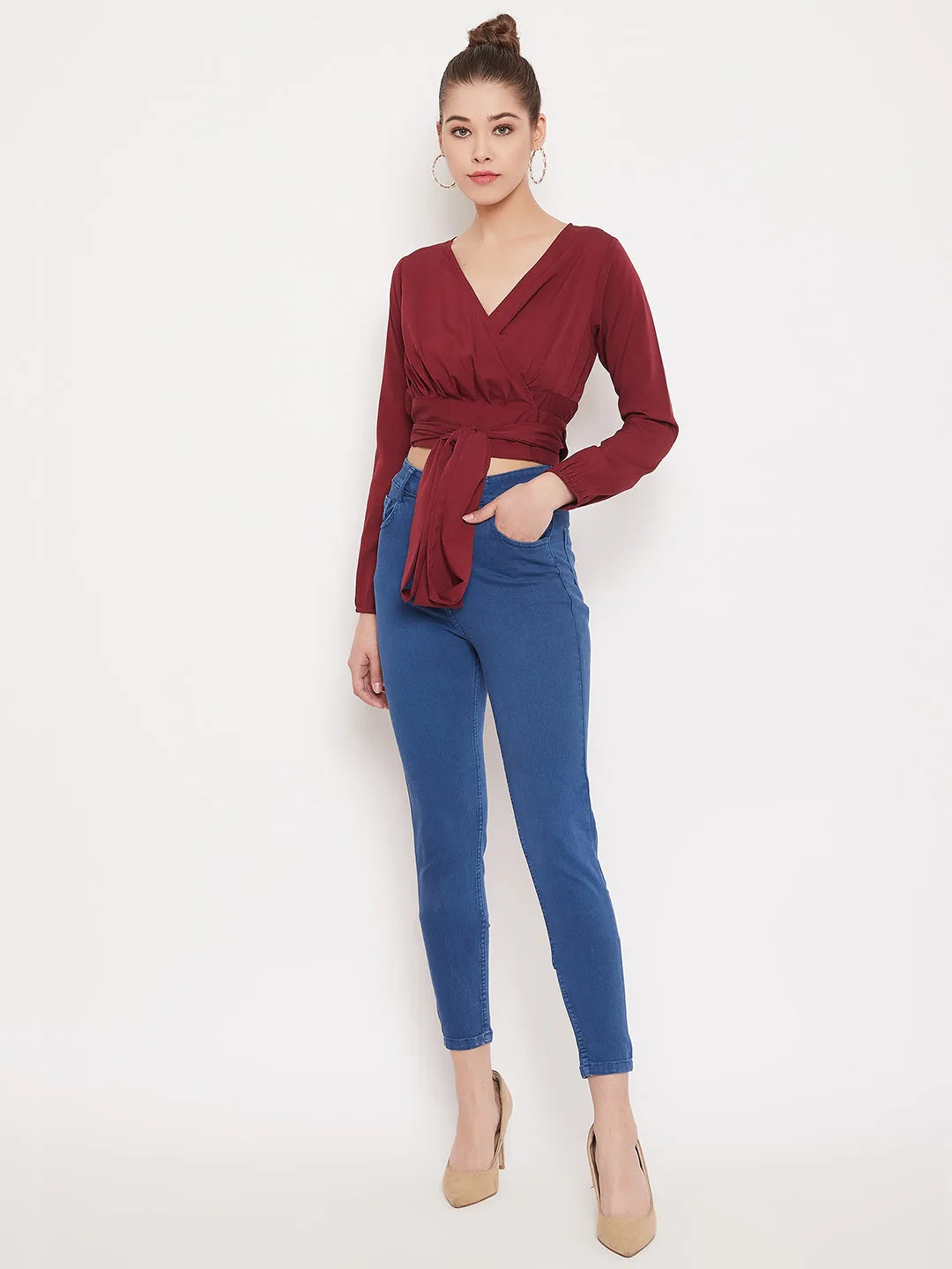 Berrylush Women Solid Maroon V-Neck Wrap Crop Top