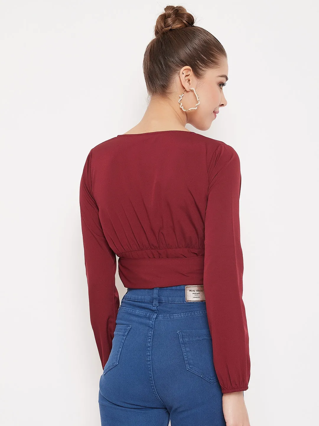 Berrylush Women Solid Maroon V-Neck Wrap Crop Top
