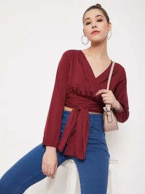 Berrylush Women Solid Maroon V-Neck Wrap Crop Top