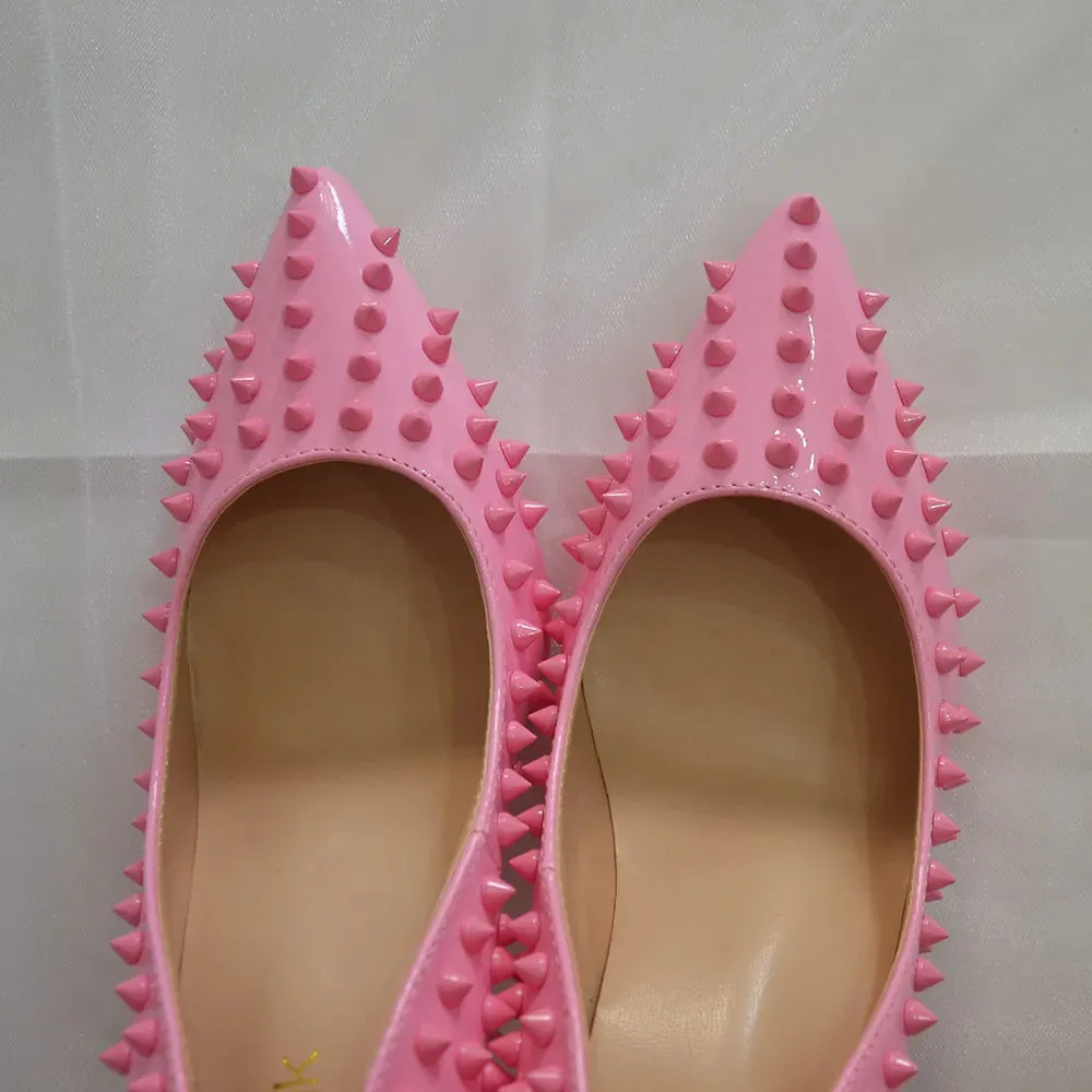 binfenxie Light Pink Women Rivets Pointy Toe High Heels Sexy Ladies Slip On Stilettos Pumps Chic Spikes Heeled  Party Shoes