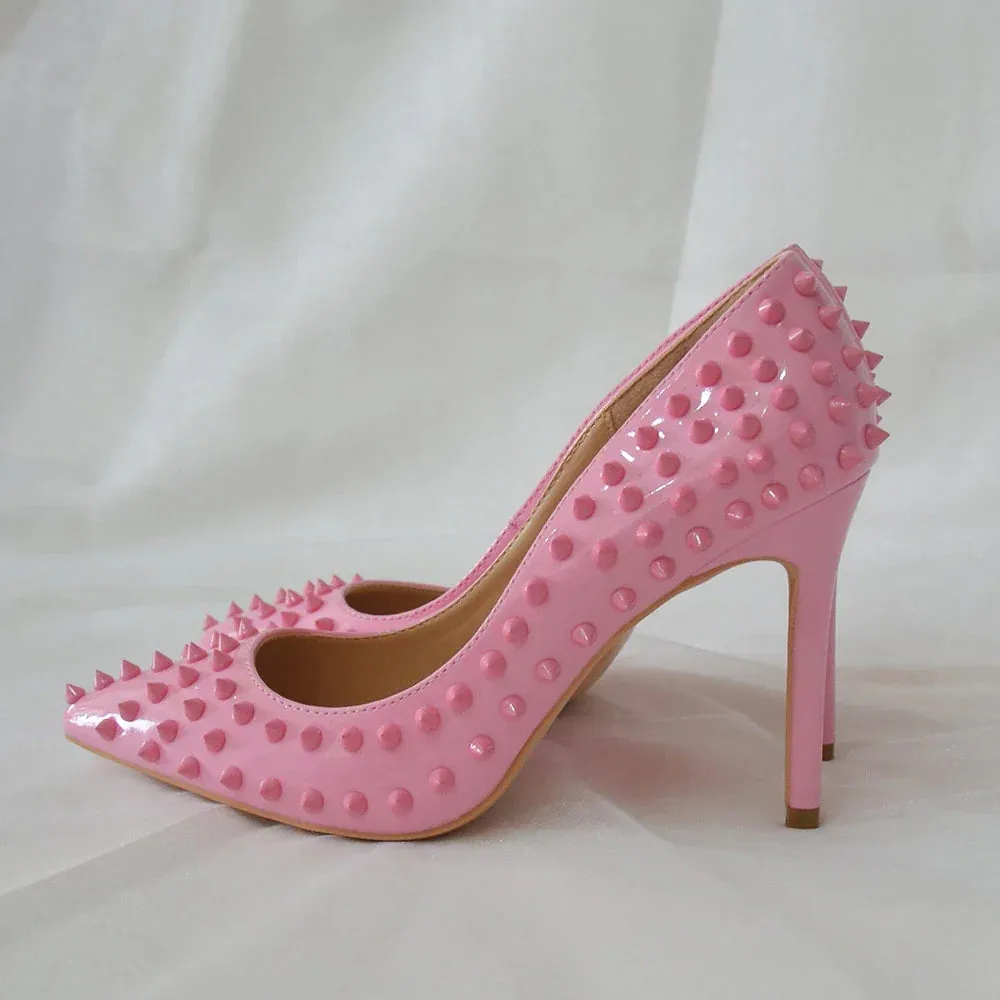 binfenxie Light Pink Women Rivets Pointy Toe High Heels Sexy Ladies Slip On Stilettos Pumps Chic Spikes Heeled  Party Shoes