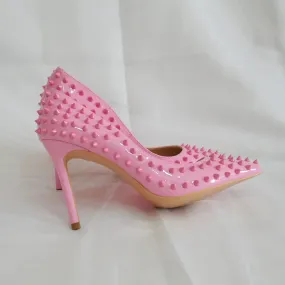 binfenxie Light Pink Women Rivets Pointy Toe High Heels Sexy Ladies Slip On Stilettos Pumps Chic Spikes Heeled  Party Shoes