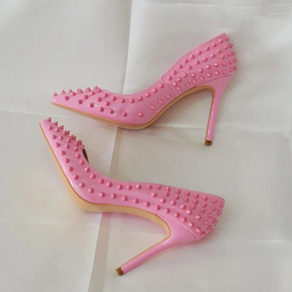binfenxie Light Pink Women Rivets Pointy Toe High Heels Sexy Ladies Slip On Stilettos Pumps Chic Spikes Heeled  Party Shoes
