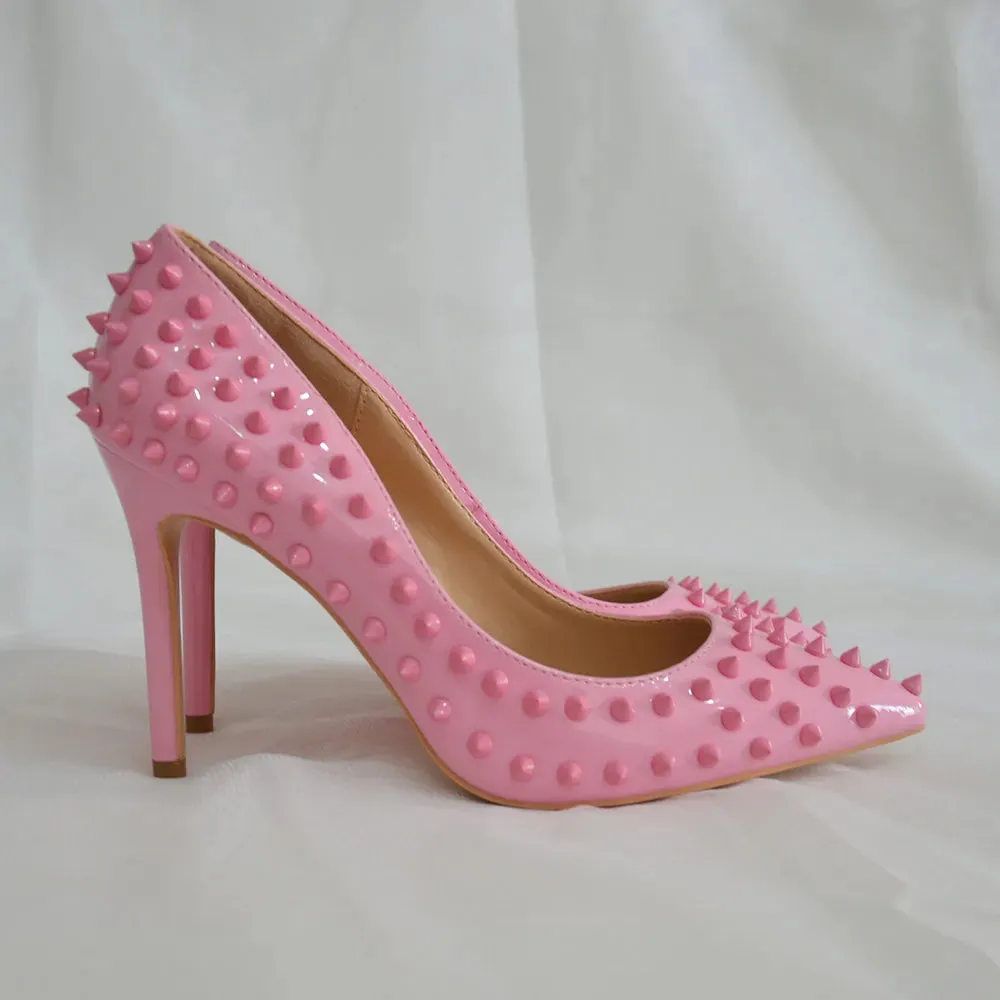 binfenxie Light Pink Women Rivets Pointy Toe High Heels Sexy Ladies Slip On Stilettos Pumps Chic Spikes Heeled  Party Shoes