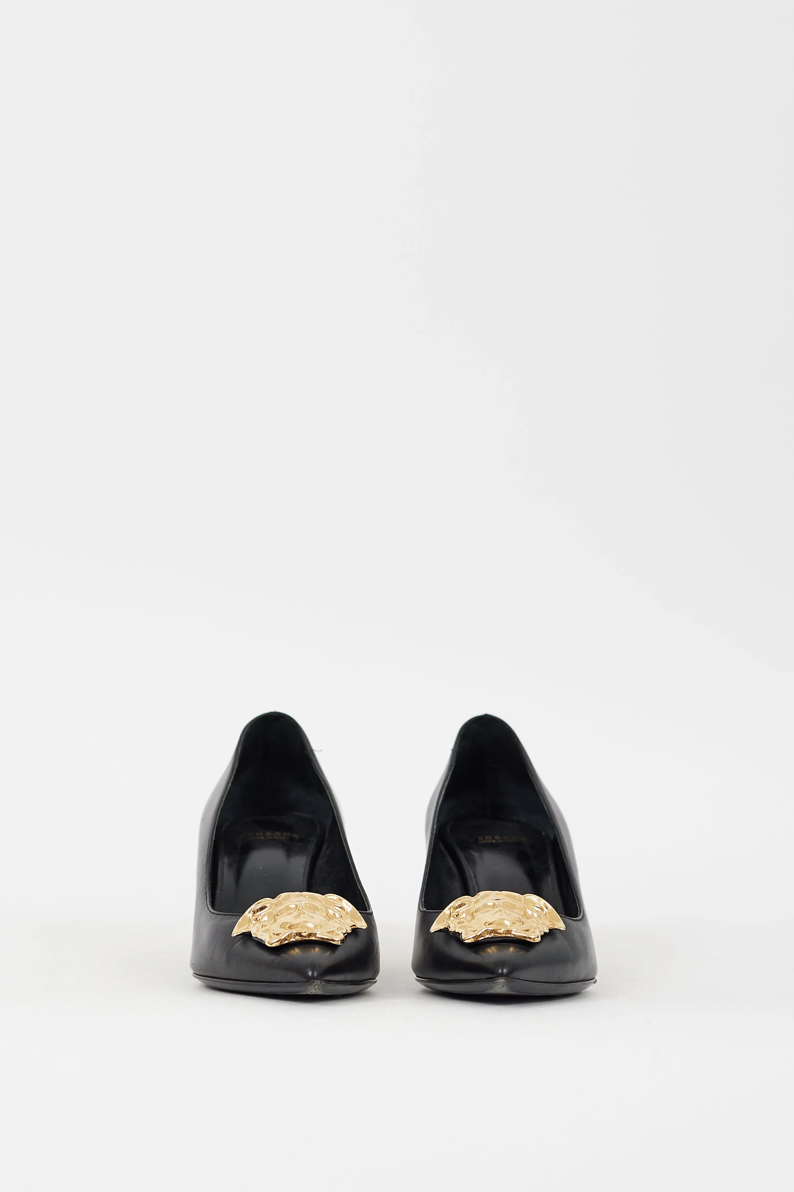 Black & Gold Leather Medusa Palazzo Pump