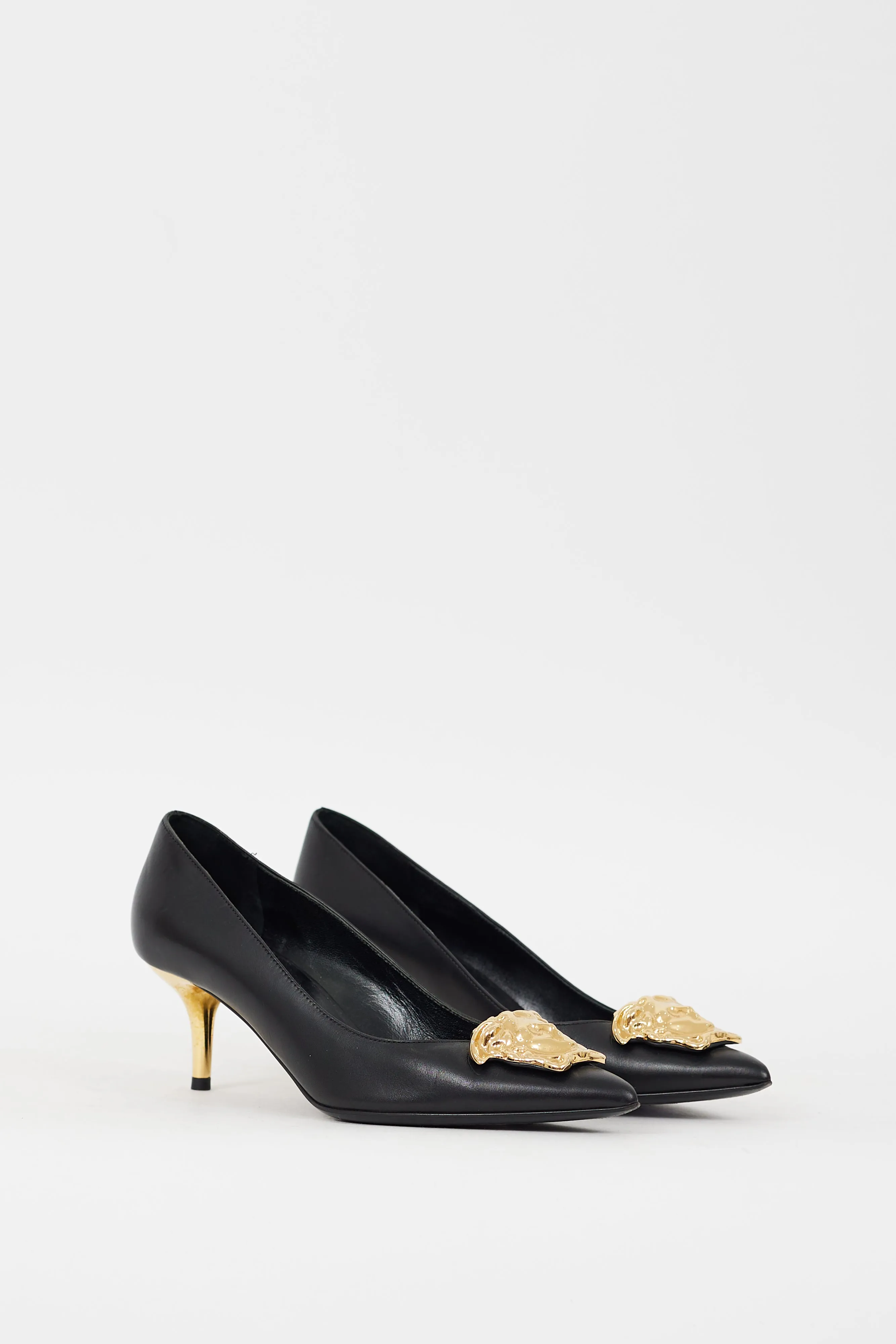 Black & Gold Leather Medusa Palazzo Pump