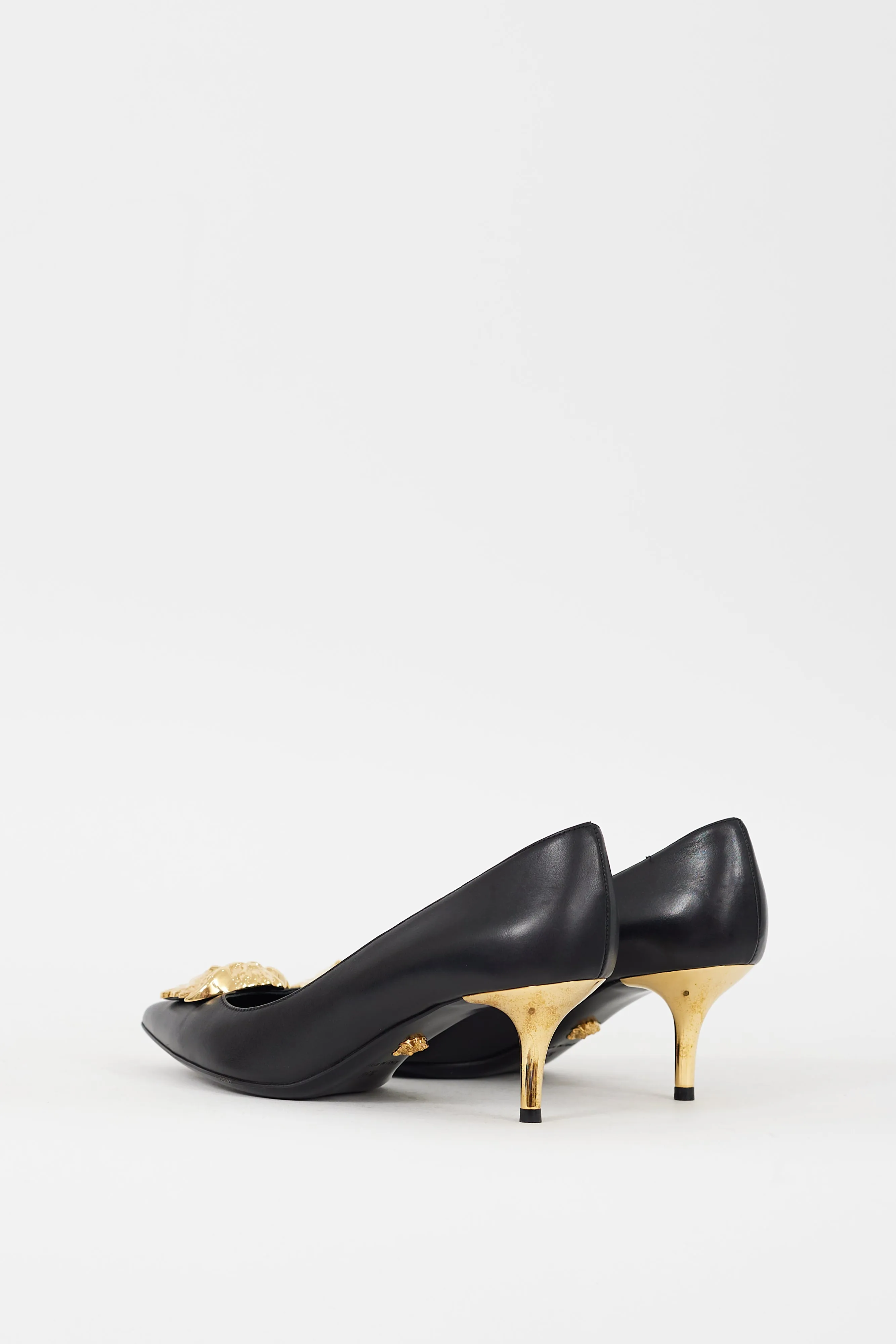 Black & Gold Leather Medusa Palazzo Pump