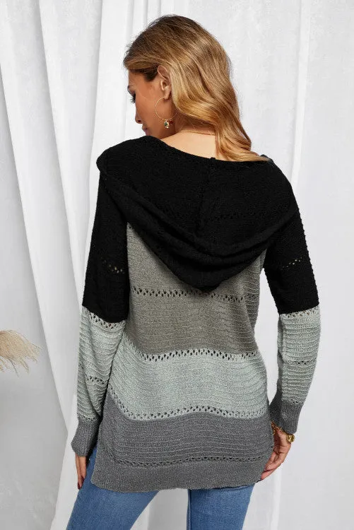 Black Charcoal Gray Color-block Hooded Sweater