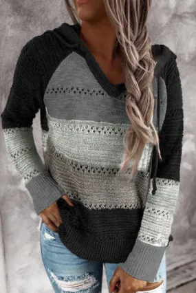 Black Charcoal Gray Color-block Hooded Sweater