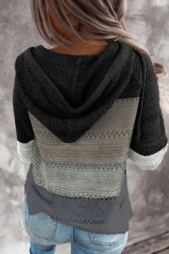 Black Charcoal Gray Color-block Hooded Sweater