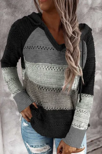 Black Charcoal Gray Color-block Hooded Sweater
