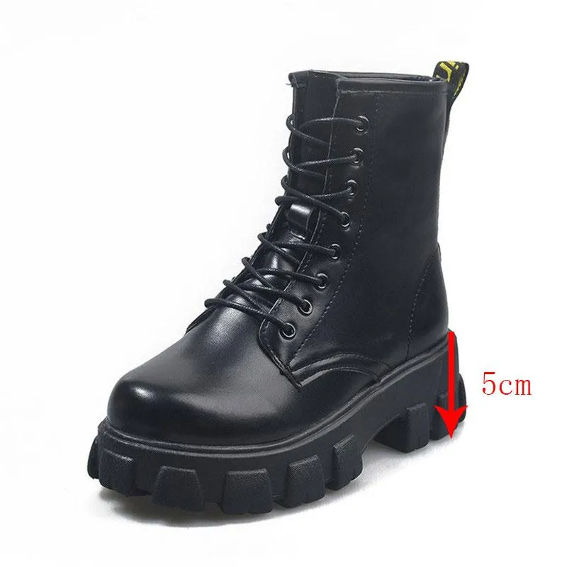 Black Leather Round Toe Lace-up Chunky Heel Boots