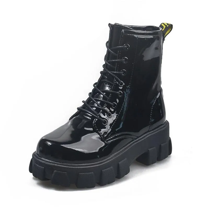 Black Leather Round Toe Lace-up Chunky Heel Boots