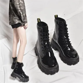 Black Leather Round Toe Lace-up Chunky Heel Boots