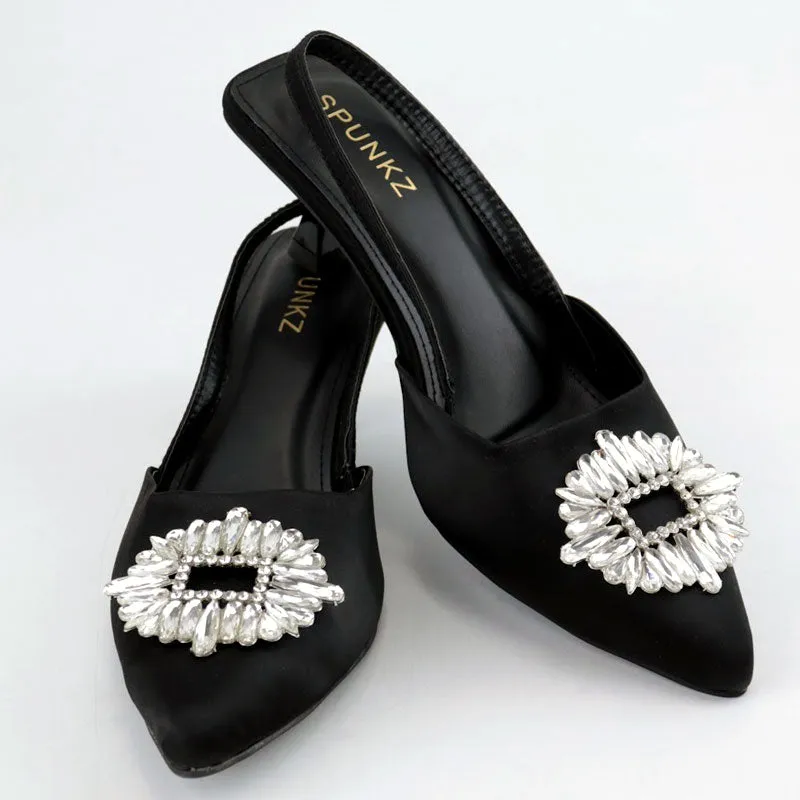 Black Rhinestone Buckle Satin Pumps #10398 #22