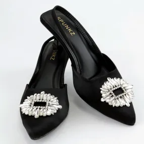 Black Rhinestone Buckle Satin Pumps #10398 #22
