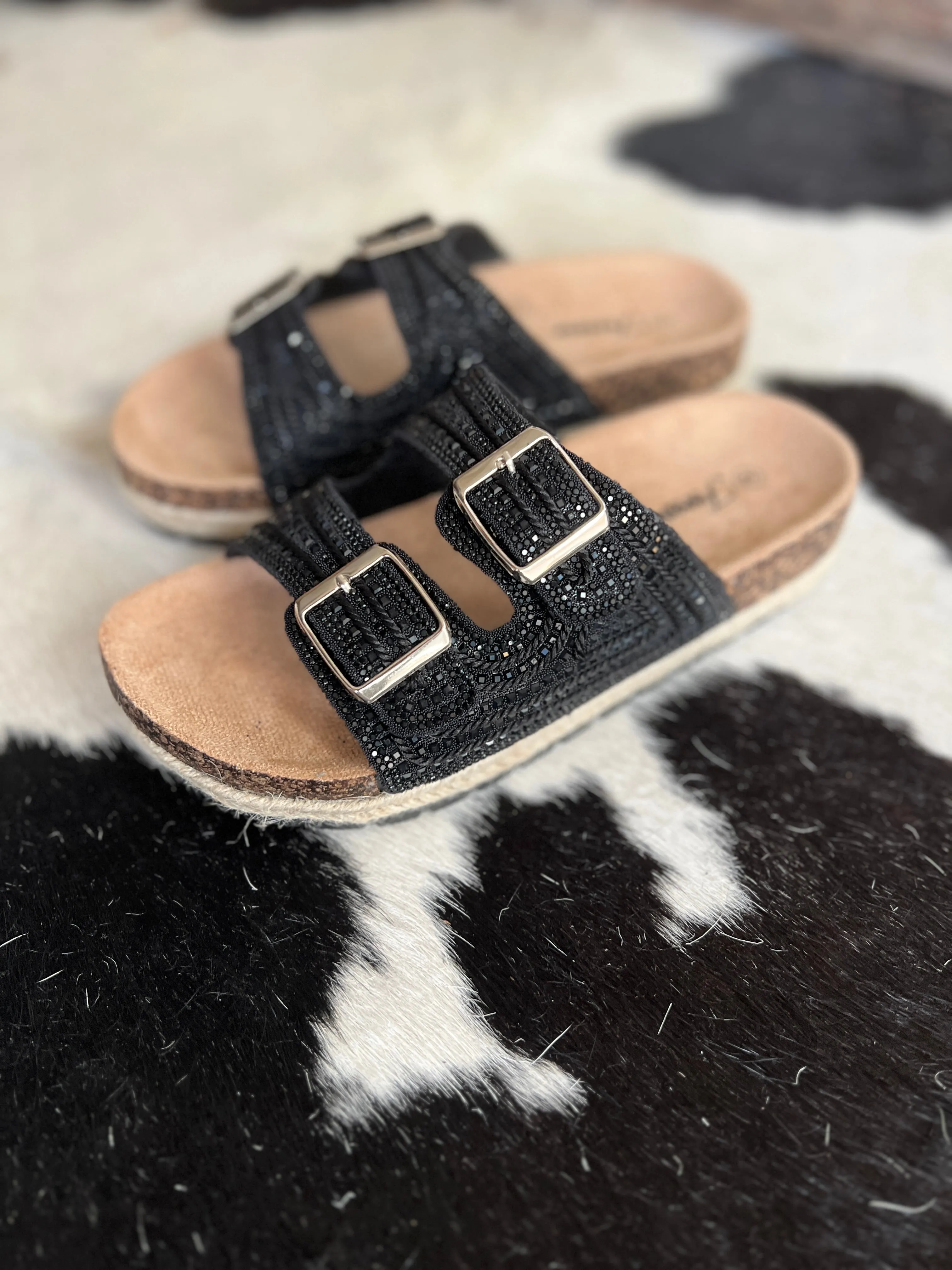 Black Rhinestone Double Buckle Burke Sandals