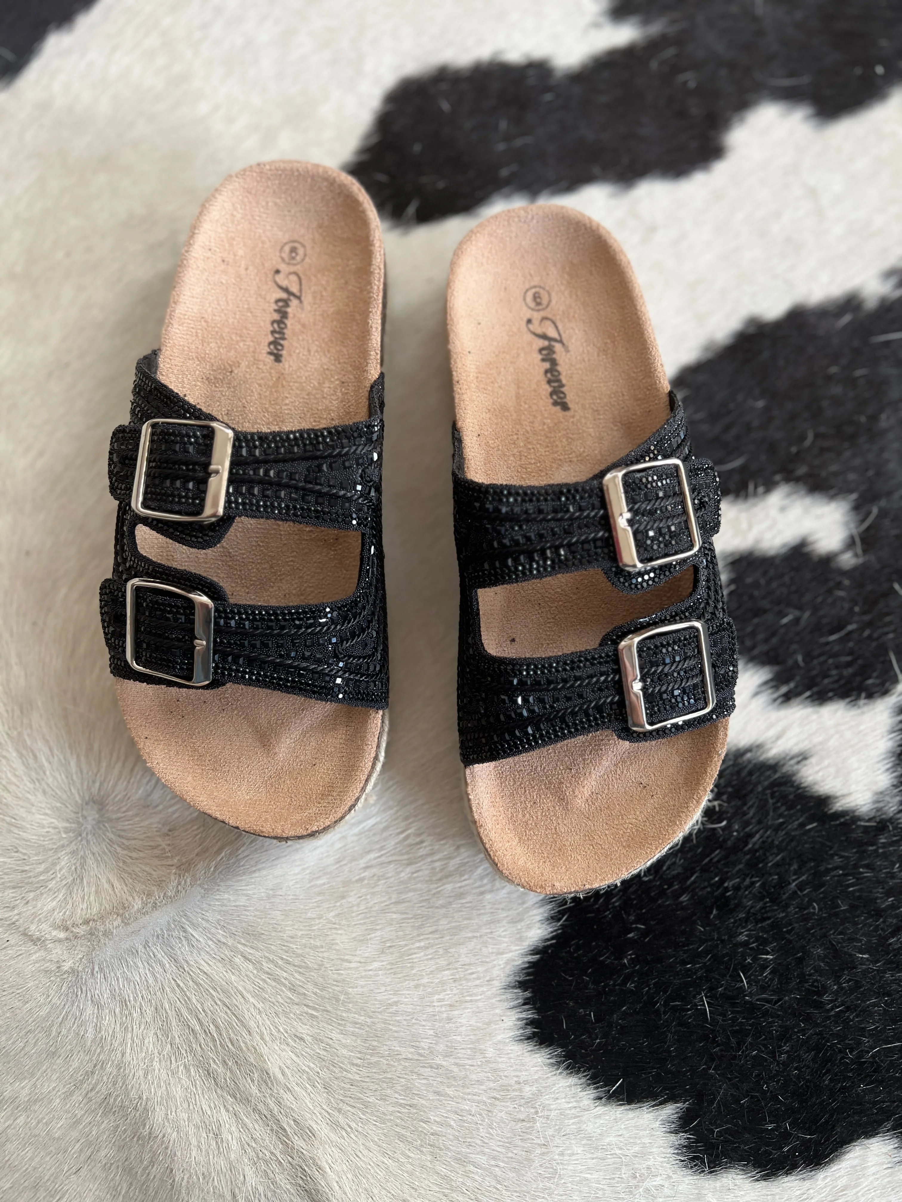 Black Rhinestone Double Buckle Burke Sandals