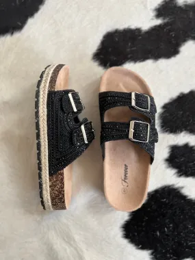 Black Rhinestone Double Buckle Burke Sandals