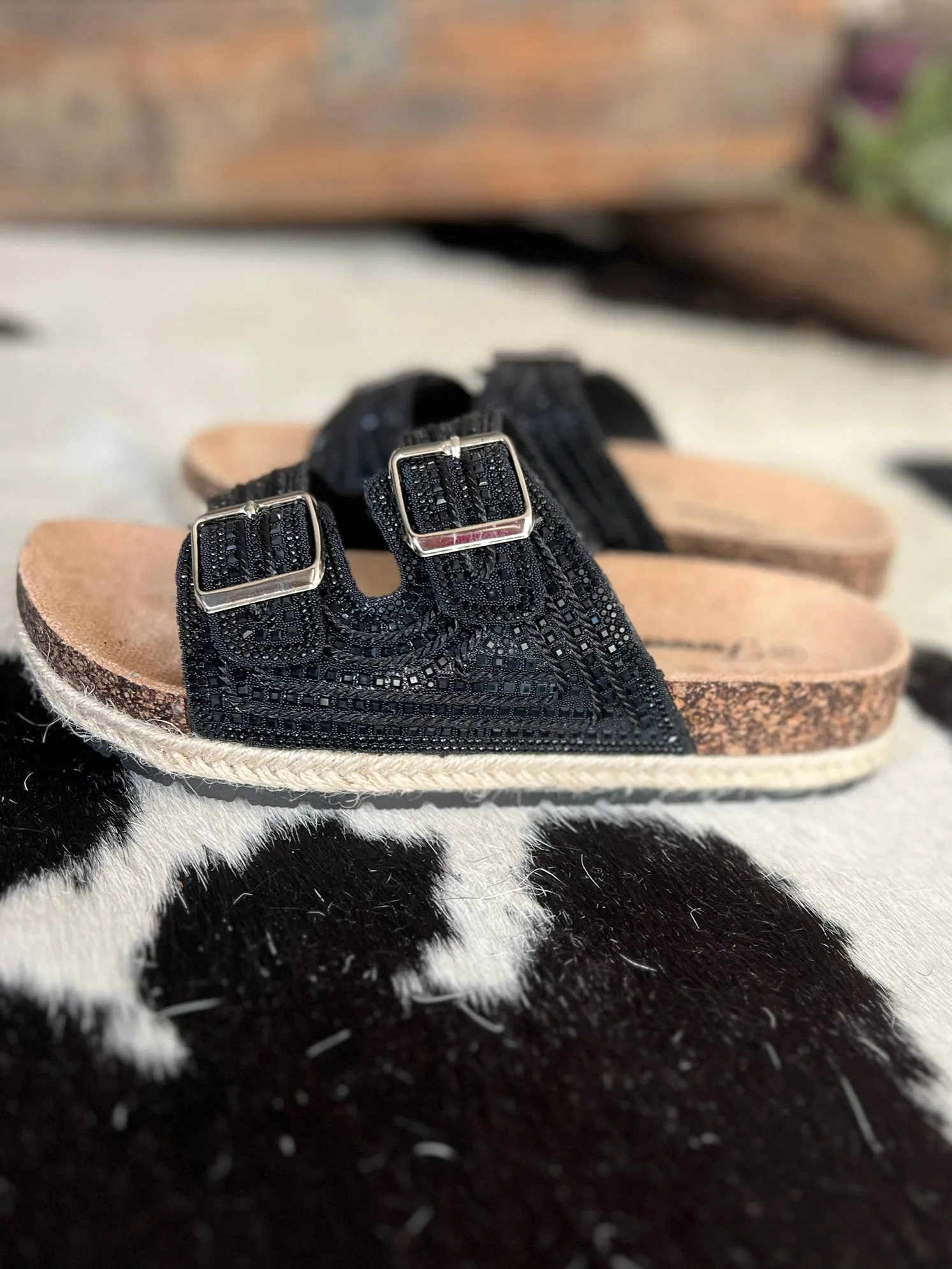Black Rhinestone Double Buckle Burke Sandals
