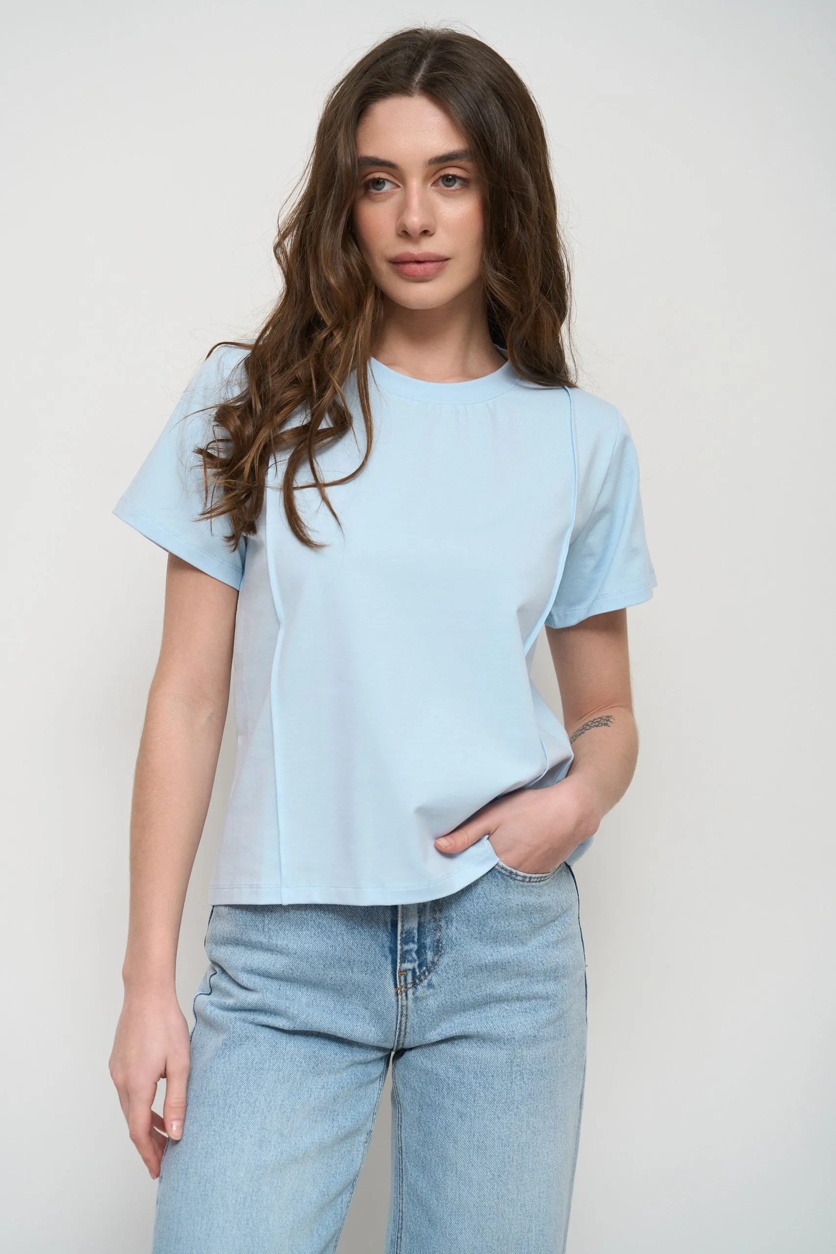 Blue Ribbed Seam Detail T-Shirt