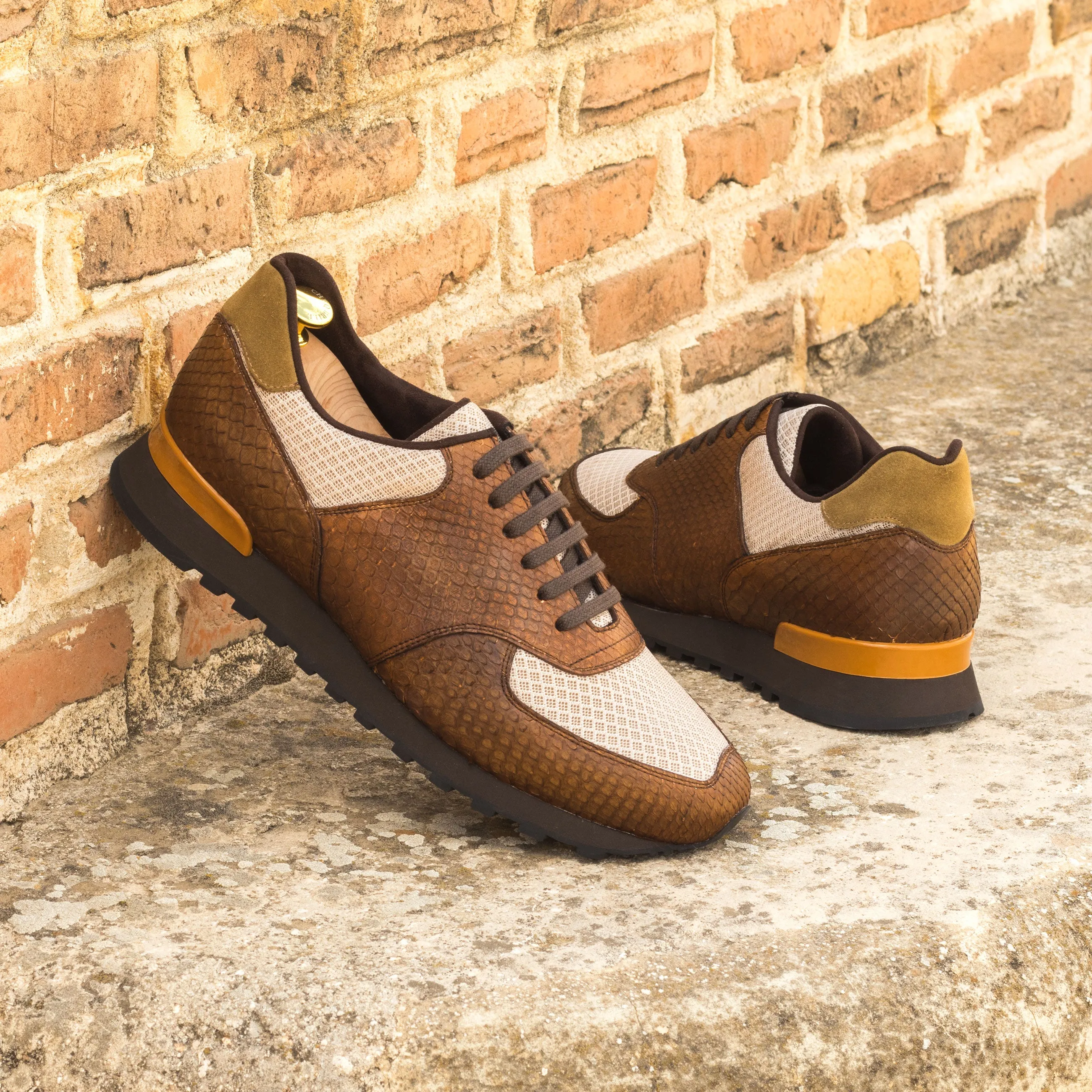 Brown Python & Beige Mesh Fabric Jogger Sneakers