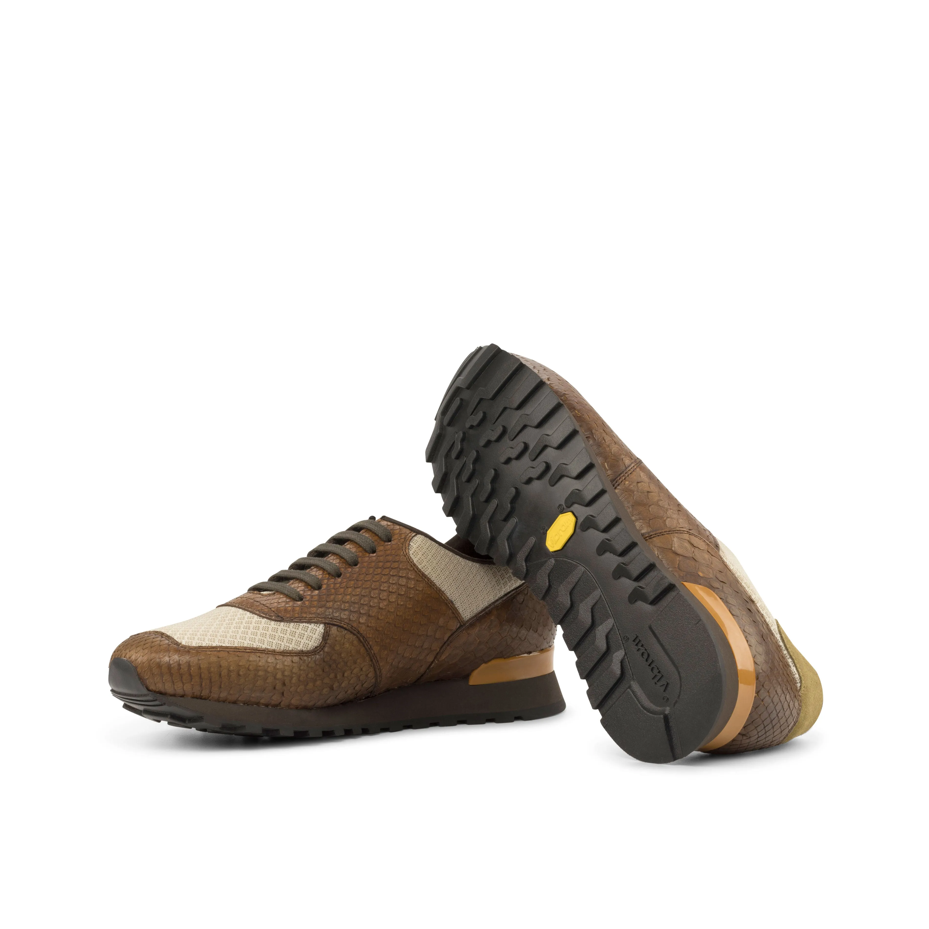 Brown Python & Beige Mesh Fabric Jogger Sneakers