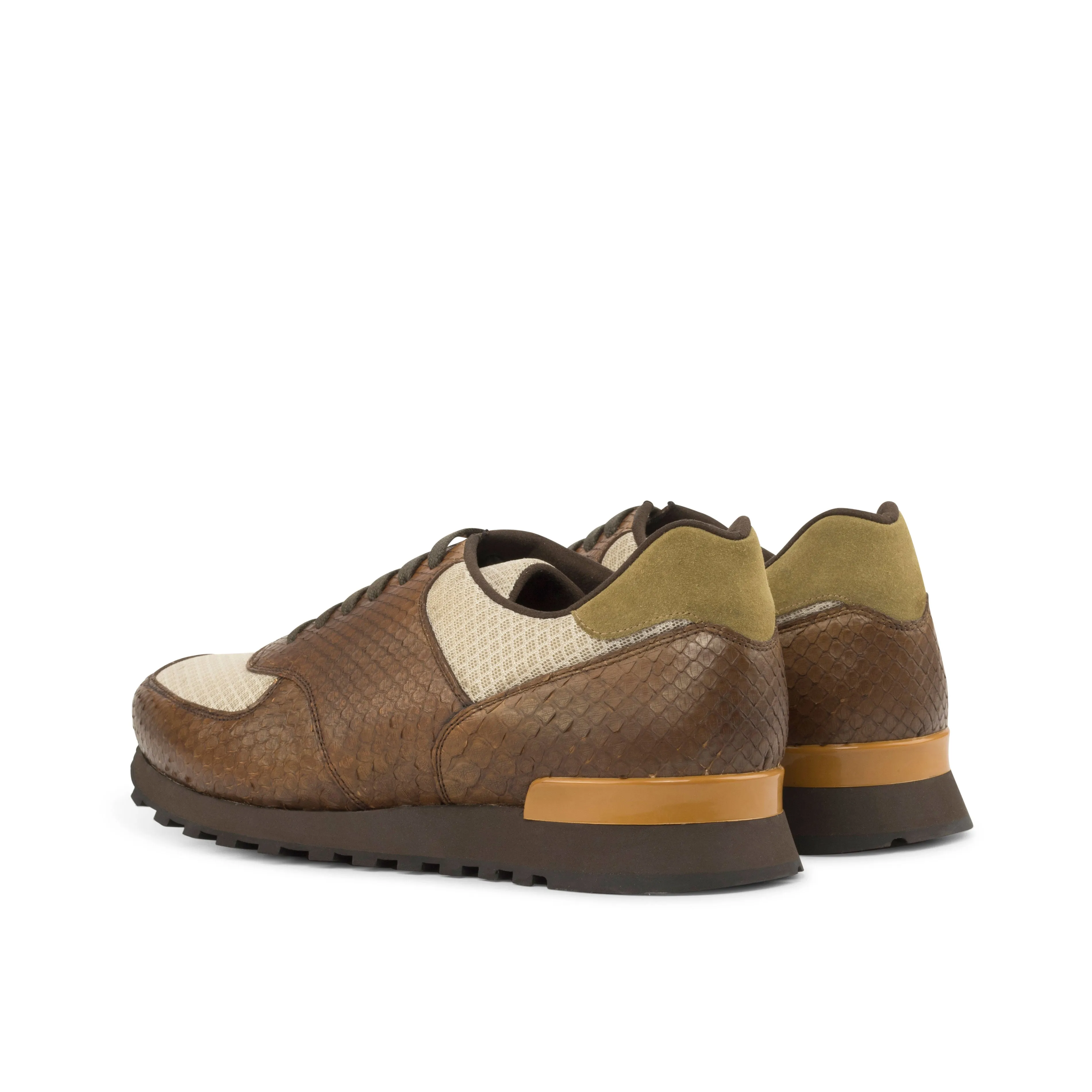 Brown Python & Beige Mesh Fabric Jogger Sneakers