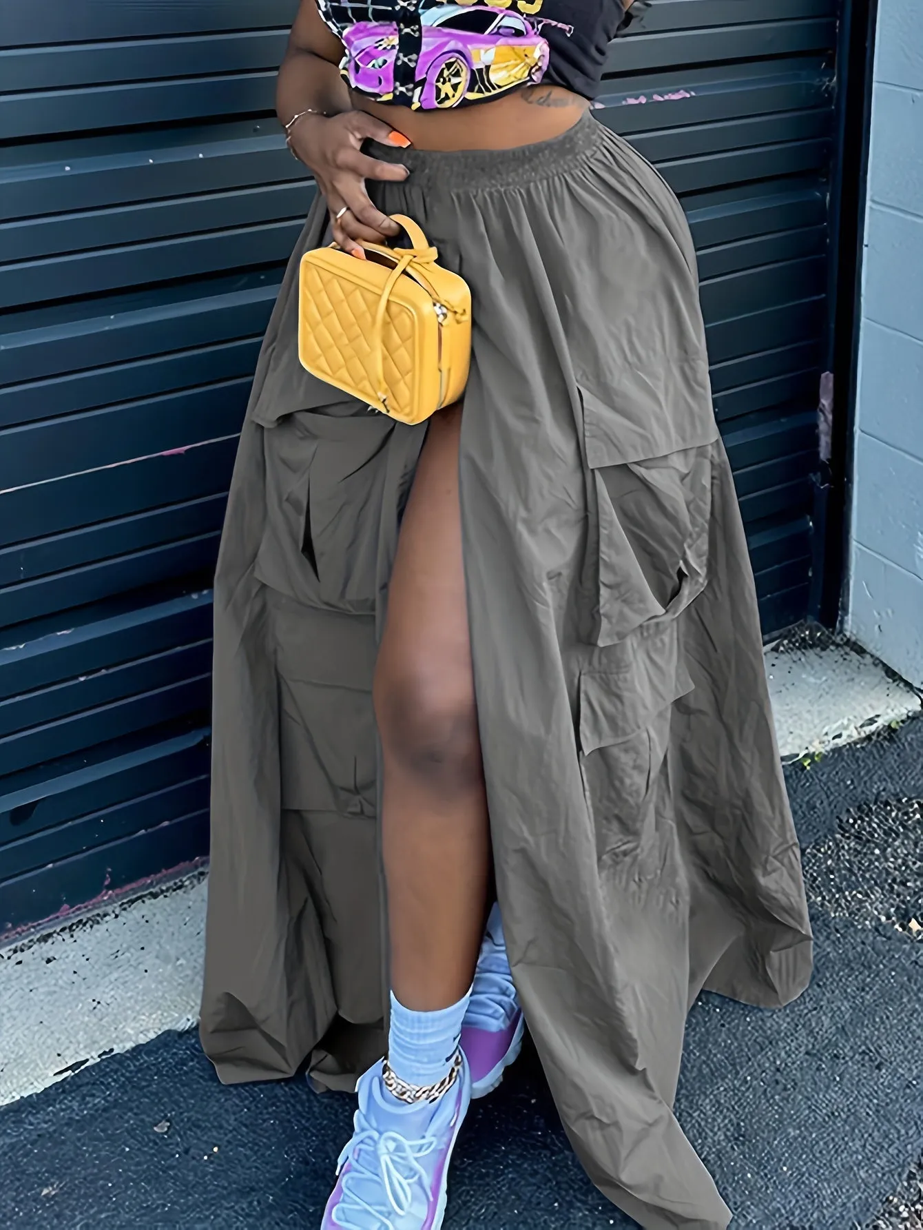 Cargo  Plain Flap Elastic Waist Split Sporty Skirt