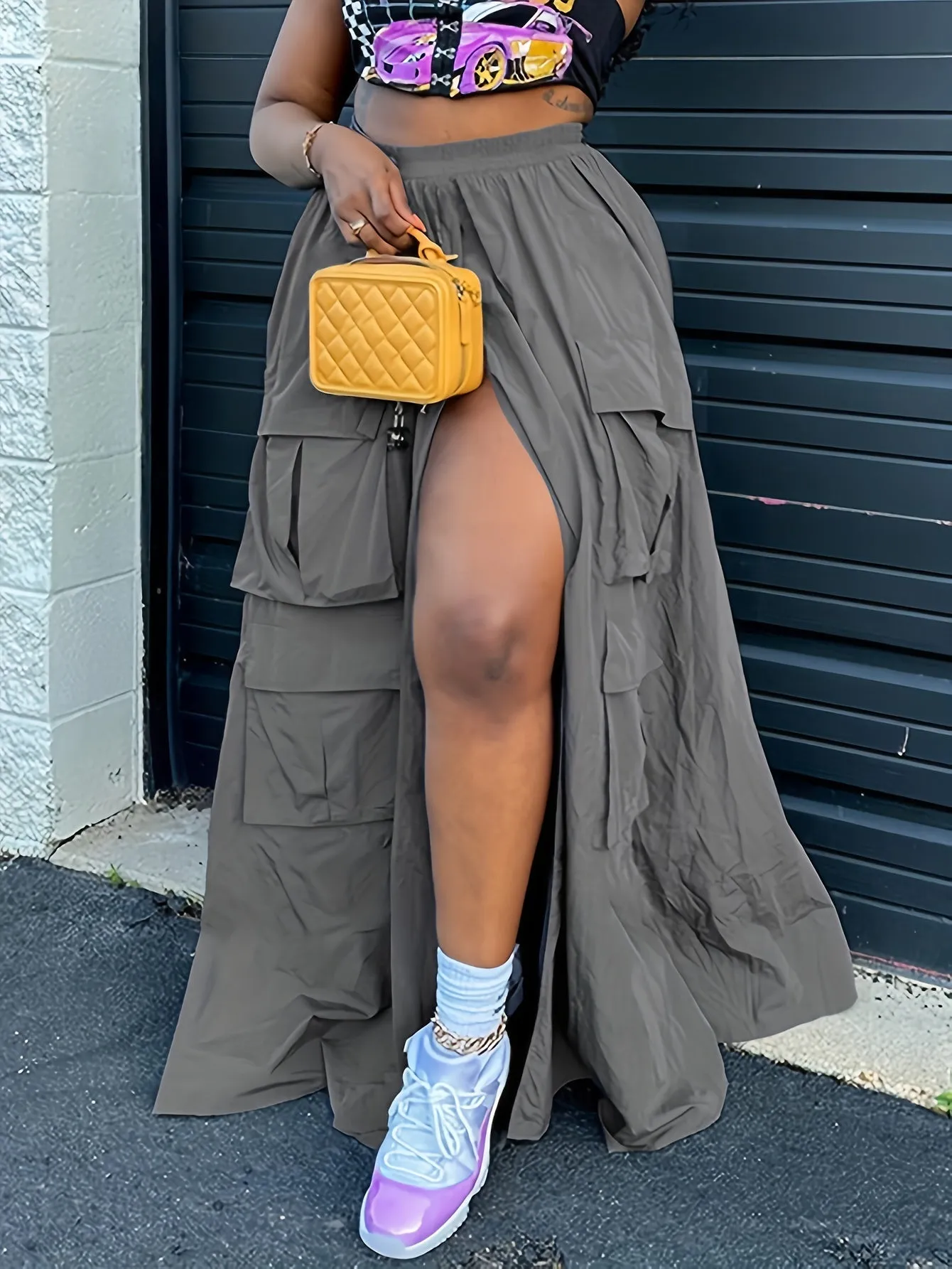 Cargo  Plain Flap Elastic Waist Split Sporty Skirt