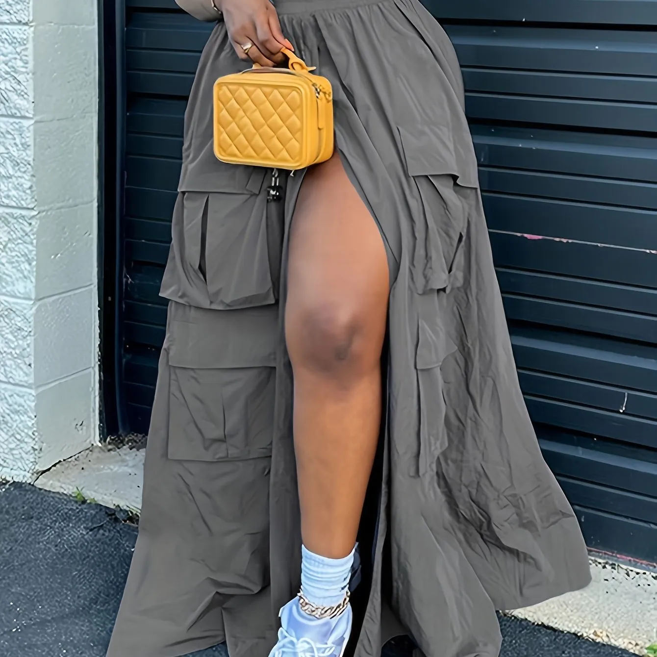 Cargo  Plain Flap Elastic Waist Split Sporty Skirt