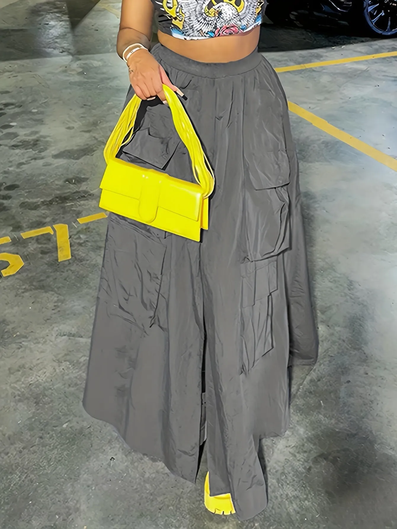 Cargo  Plain Flap Elastic Waist Split Sporty Skirt