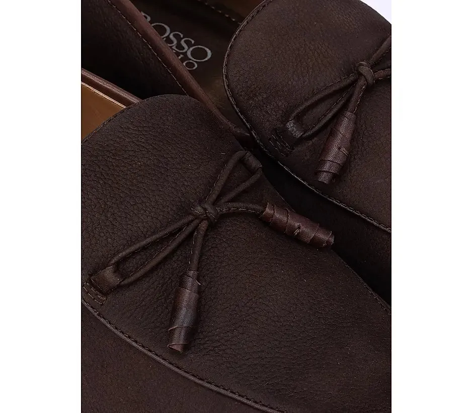 Coffee Textured Loafers With Bow Detail