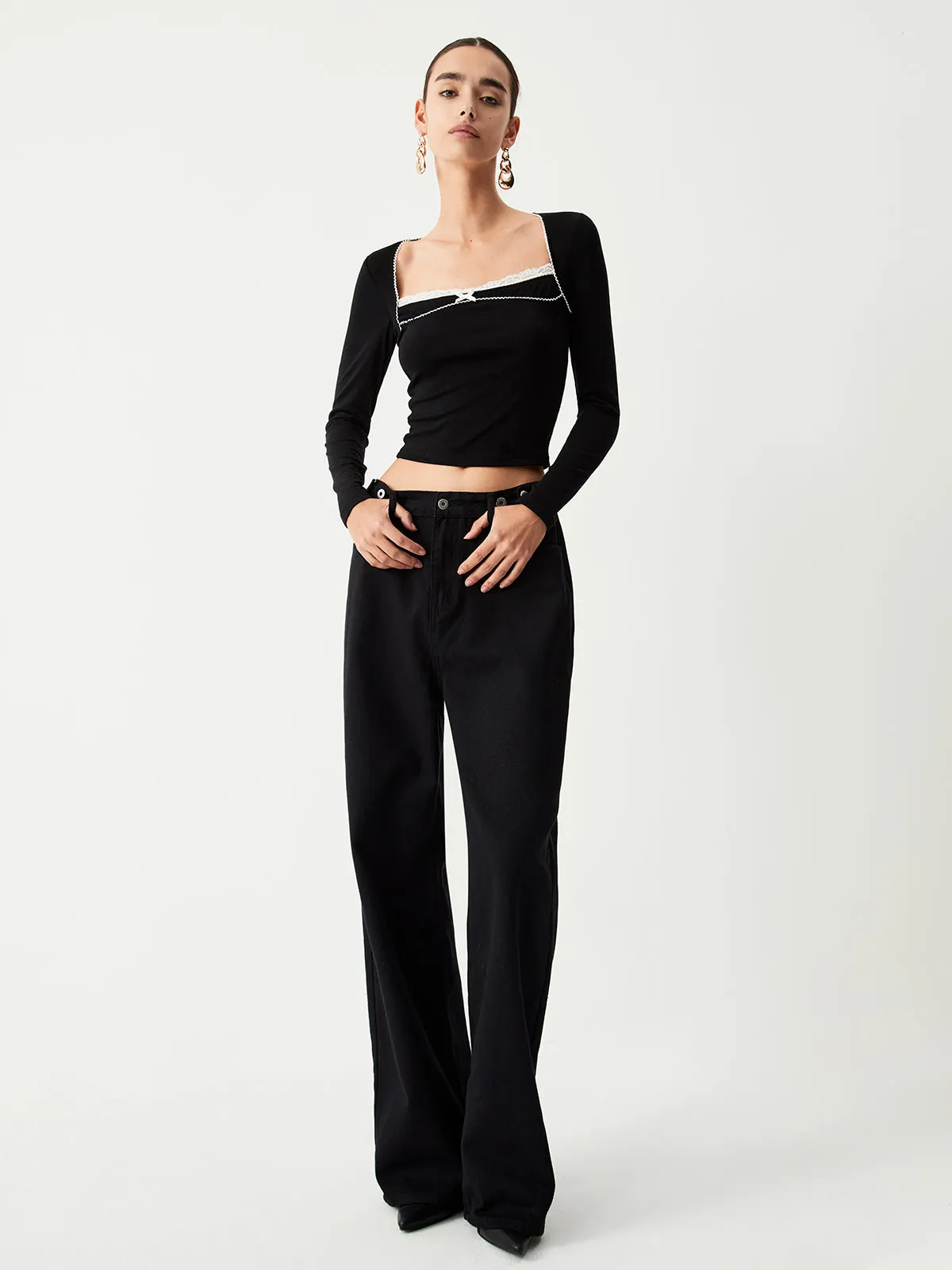 Contrast Trim Lace Trendy Long Sleeve Crop Top