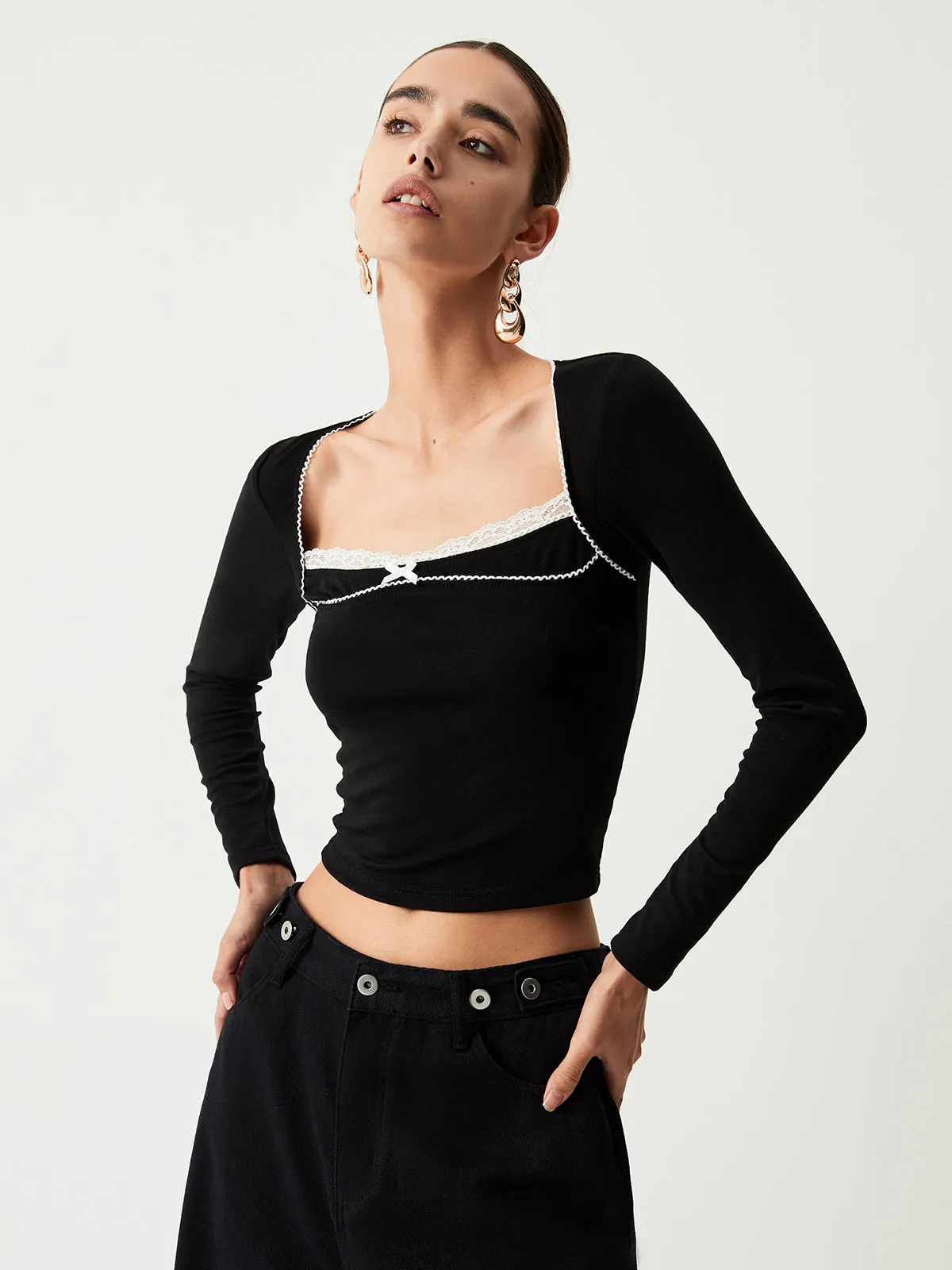 Contrast Trim Lace Trendy Long Sleeve Crop Top