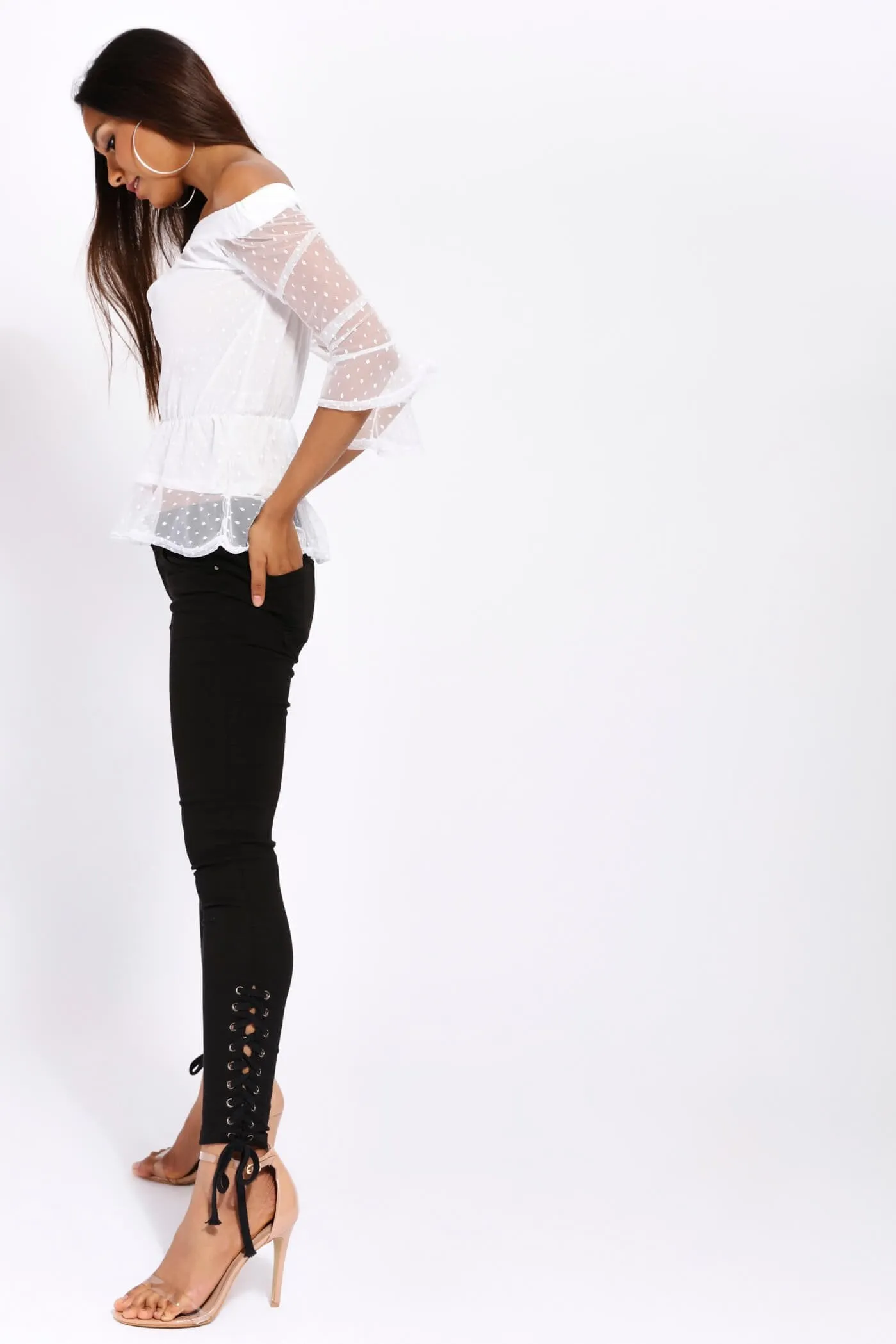 Cream Polka Dot Mesh Keyhole Bardot Top