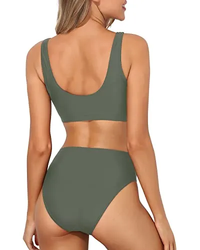 Crop Top High Waisted Bikini Set Sports Two Piece Bikini For Women-Army Green
